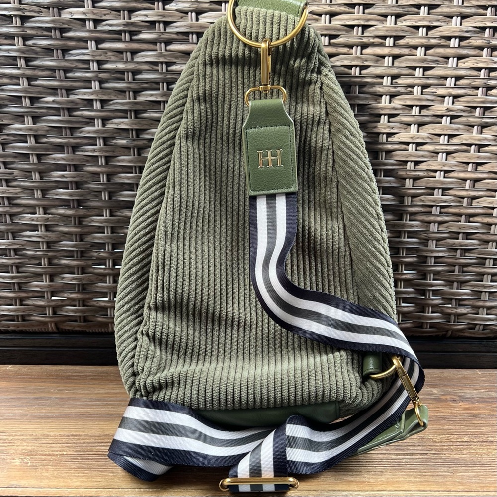 Haute Hippie Olive Corduroy Sling Bag – Gold Hardware, Striped Strap - Picture 5 of 12